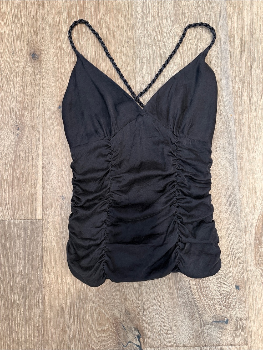 Black Ruched V-Neck Cami Top with Braided Straps
